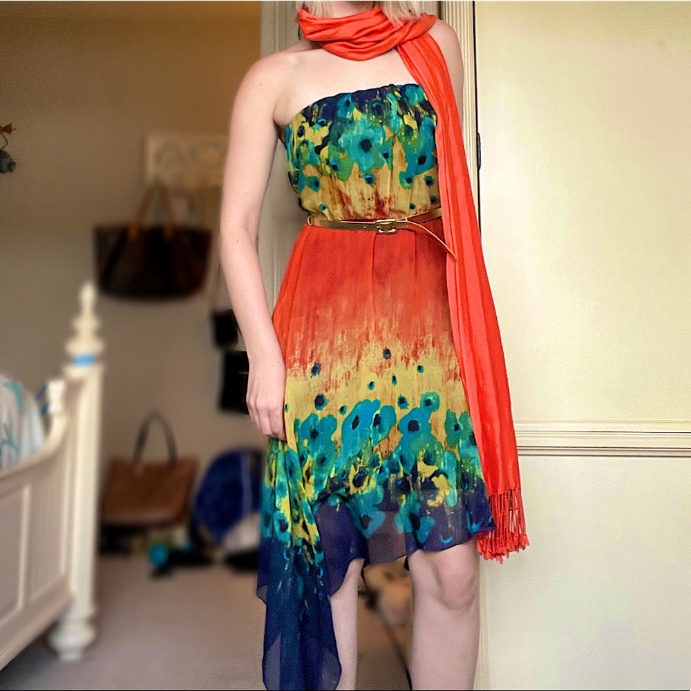 Watercolor asymmetrical rainbow dress with scarf